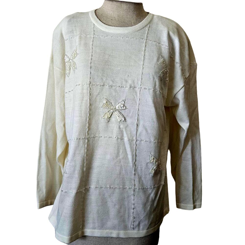 Vintage Cream Sequin Embellished Sweater Size Large